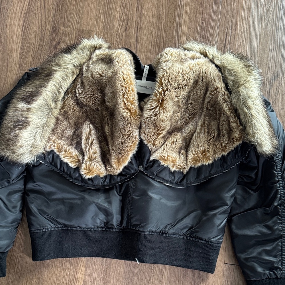 BCBGeneration Women’s Black Nylon Bomber Jacket with Faux Fur Hood - Picture 6 of 9